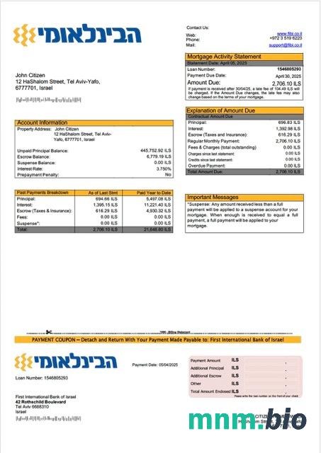Izrael First International Bank of Israel wyciąg z kredytu hipotecznego szablon Word i PDF